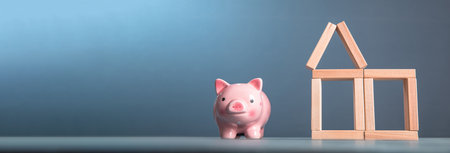 wooden house and piggy bank on the tableの写真素材