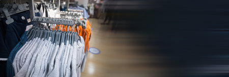 T-shirts with hangers in the store backgroundの写真素材