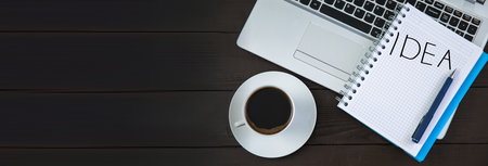 idea text and computer with coffee on desk