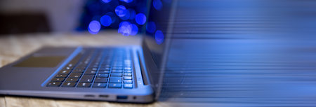 Mockup image of laptop on wooden tableの写真素材