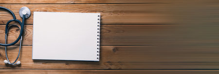 Stethoscope and notebook on wooden desk backgroundの写真素材