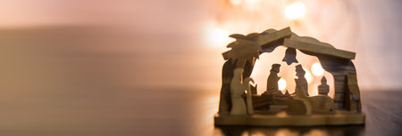 nativity scene on a wooden backgroundの写真素材