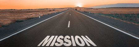 mission on asphalt road at the sunsetの写真素材