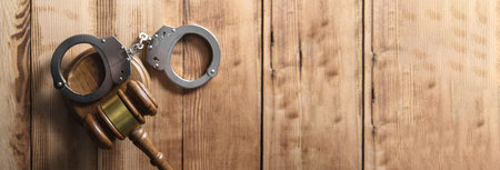 judge gavel with handcuffs on tableの写真素材