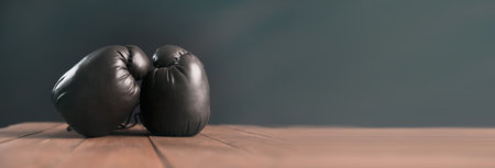 boxing gloves on wooden backgroundの写真素材