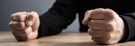 man fists clenched on a wooden table