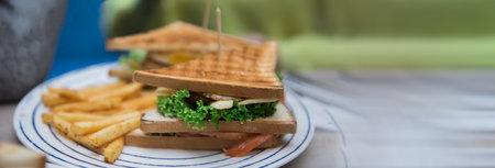 sandwich and potato in a plate in cafeの写真素材