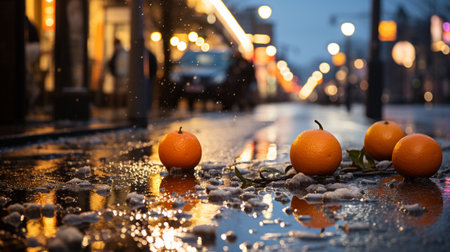 Tangerines spilled on the streetの素材