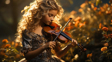 The golden-haired violinist in autumnの素材