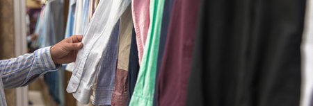 Young beautiful man shopping in fashion mall, choosing new clothes