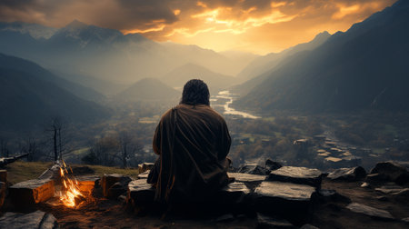A man meditates by a campfire at sunriseの素材