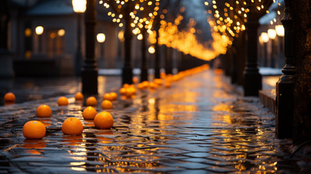 Tangerines spilled on the streetの素材