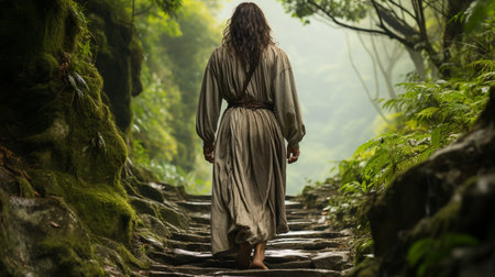Jesus is walking in the forestの素材