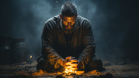 A man kneels in prayerの素材