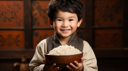 Asian Little cute child with rice in handの素材