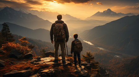 Father and son mountain climbers at the topの素材