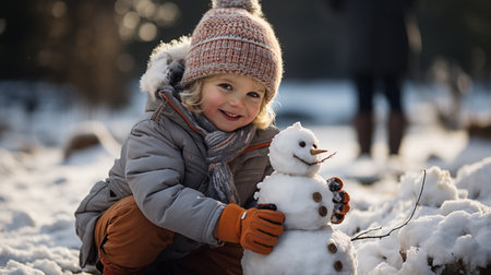 Cute little kids making a snowman outsideの素材