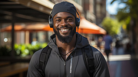 African man walking on city streetsの素材