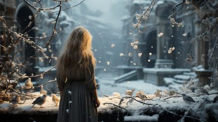 a girl in a dress looking at a winter sceneの素材
