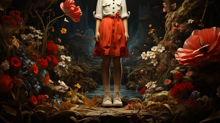 The girl in the red skirt in the world of flowersの素材