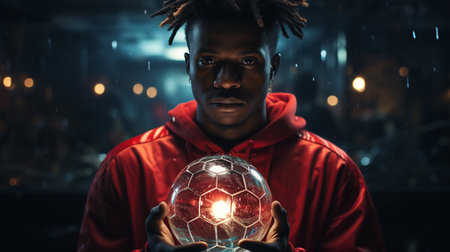 Sportsman holding a soccer ball, sports photography.の素材