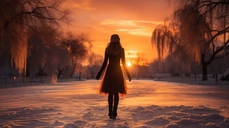 a girl in a dress looking at a winter sceneの素材