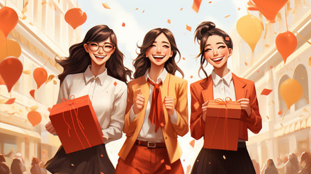 Shopping, girls doing Christmas shopping, illustratedの素材