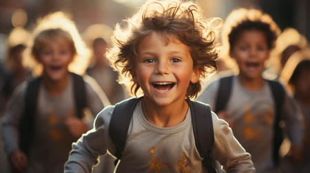 a group of cute, funny kids run home from schoolの素材
