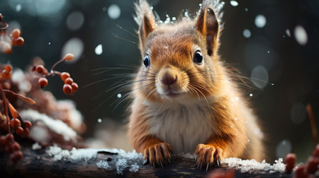 A chipmunk on a redcurrant branch in winterの素材