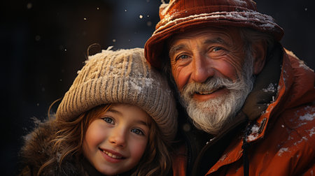 Grandfather and grandson together in winterの素材