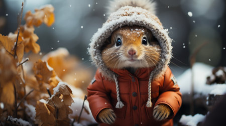 Chipmunks in a warm winter hat, outsideの素材