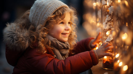 Little cute child interested in Christmas decorationsの素材