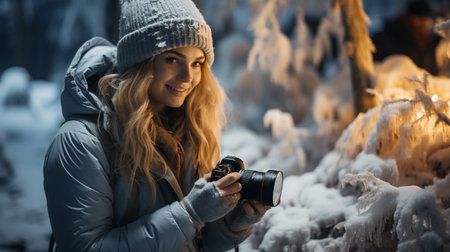 Photographer girl shooting winter sceneの素材