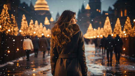 The girl is facing to the street decorated with Christmas decorationsの素材
