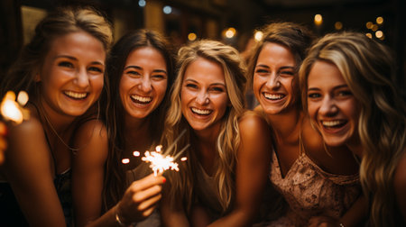 Happy new year! Girlfriends celebrate with lit sparklers in their handsの素材