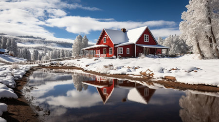 Red house in winter scene, beautiful cozy photoの素材
