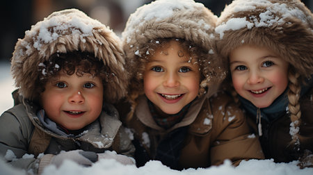 Little children playing outside with snow, happy pictureの素材