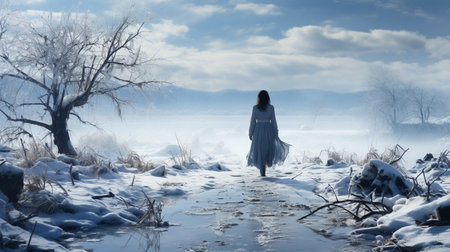 The girl walking on the frozen river, winter mystery sceneの素材