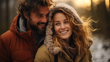 Happy couple have fun together in outdoor leisure activity in nature field during sunset time and golden hours light. Man carry woman on his back. People enjoying life and laughing. Winter autumn dayの素材