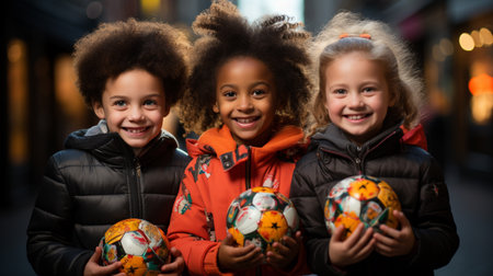 Happy children with sports balls in their handsの素材