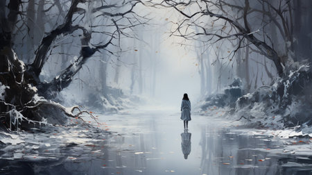 The girl walking on the frozen river, winter mystery sceneの素材