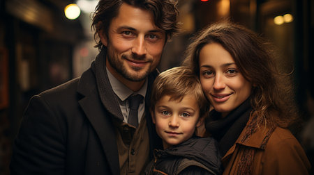 Family picture on the city street, warm atmosphereの素材