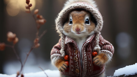 Chipmunks in a warm winter hat, outsideの素材