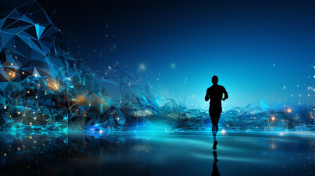 Running man in blue illustrated scene, Cyber worldの素材