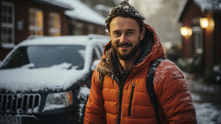 Portrait of smiling man and his car in winter snowの素材