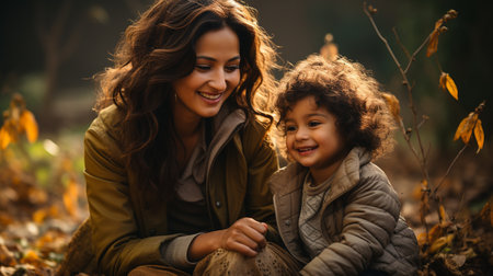 A mother playing with her child in an autumn gardenの素材