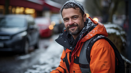 Portrait of smiling man and his car in winter snowの素材
