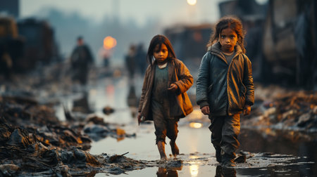 Poor children collect garbage for sale.and recycle them in landfills, the lives and lifestyles of the poor, Child laborの素材