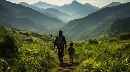 Mountain trip, parent and son trip in green spring mountainsの素材
