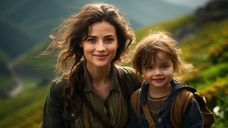 Mother and daughter in green mountains, tripの素材